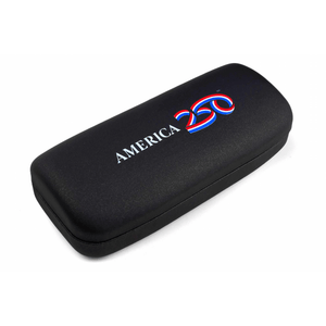 Black glasses case with 'AMERICA' and a logo on a white background