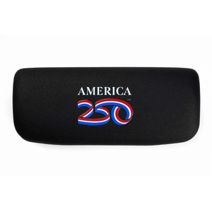 Black eyeglass case with 'America 250' logo on a white background