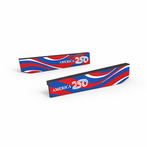 Two red, white, and blue blades with 'America 250' text on a white background