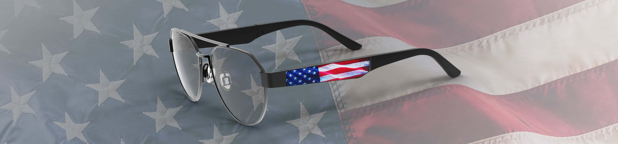 Sunglasses with American flag design on a background of the American flag