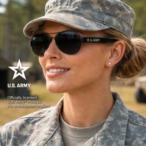Woman in U.S. Army uniform wearing sunglasses with 'U.S. Army' logo.