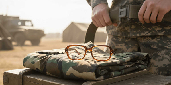 BCG Glasses on a camouflage blanket with a person in military uniform in the background