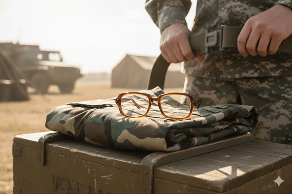BCG Military Glasses on a camouflage blanket with a person in military uniform in the background
