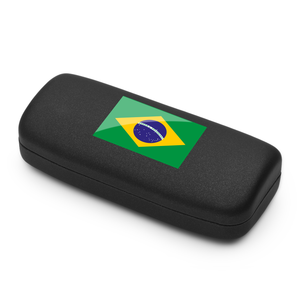 Black glasses case with Brazilian flag design on a white background