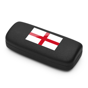 Black glasses case with a flag design on a white background
