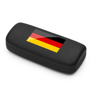 Black glasses case with German flag design on a white background