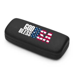 Black glasses case with 'God Bless the USA' text and American flag design on a white background