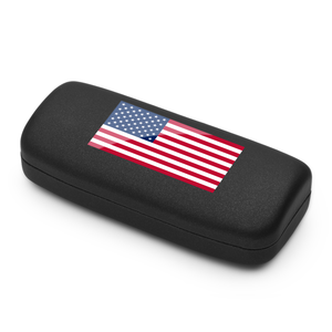 Black glasses case with American flag design on a white background