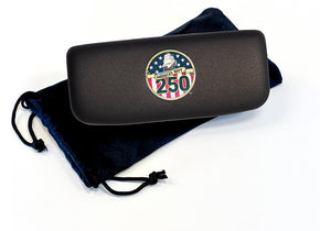 Black sunglasses case with logo on a white background