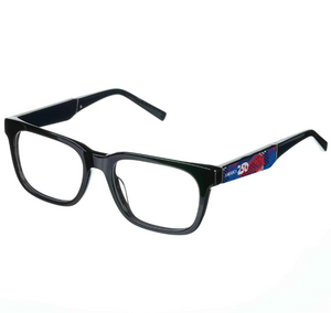 Black eyeglasses with a colorful logo on a white background