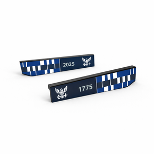 Two blue and white blades with logos and text on a white background