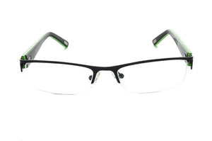 Image of Debauch London 1902 Eyeglass Frames featuring green and blue rectangular metal and plastic design, paired with CR-39 Plastic single vision prescription lenses, front view