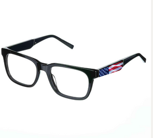 Black eyeglasses with American flag design on a white background