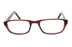 Frame of Choice R6A eyeglass frames in brown with black temples, front view on white background