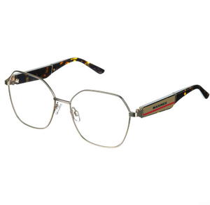 Eyeglasses with a gold frame and black tortoiseshell arms on a white background