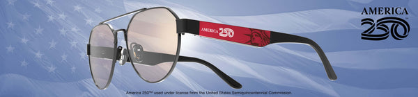 Sunglasses with 'America 250' branding on a blue background with American flag elements.