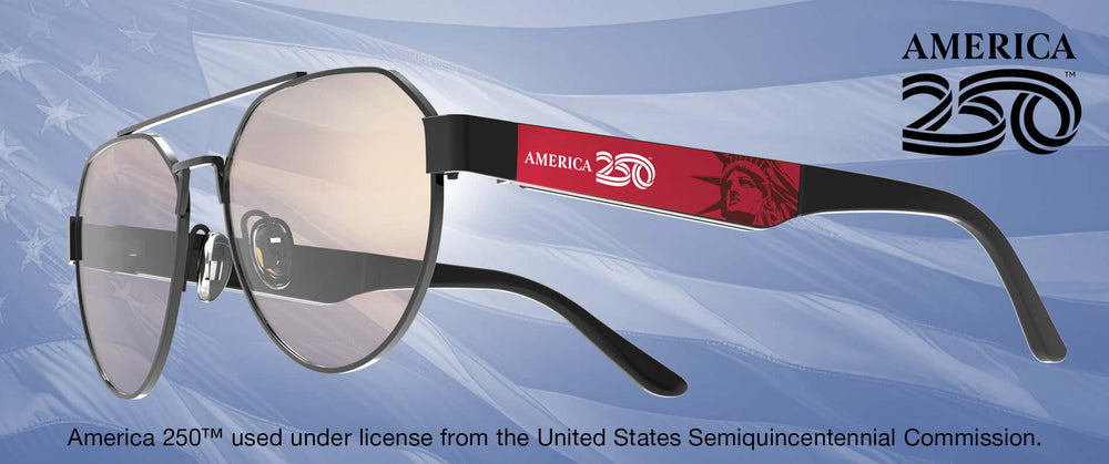 Sunglasses with 'America 250' branding on a blue background