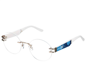 Round eyeglasses with America 250 Eagles patterned arm on a white background