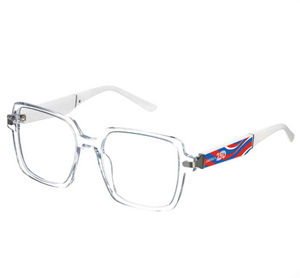 Clear eyeglasses with a America250 logo on the arm against a white background