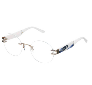 Round eyeglasses with white frame and gold accents on a white background