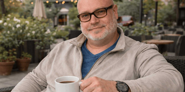 Man with glasses holding a coffee cup outdoors