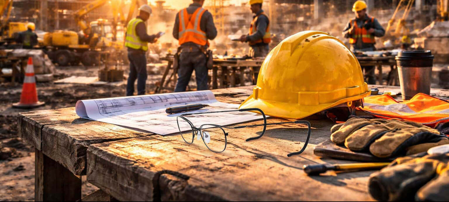 Construction site with workers, hard hats, and tools on a wooden table.