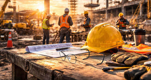 Construction site with workers, hard hats, and tools on a wooden table.