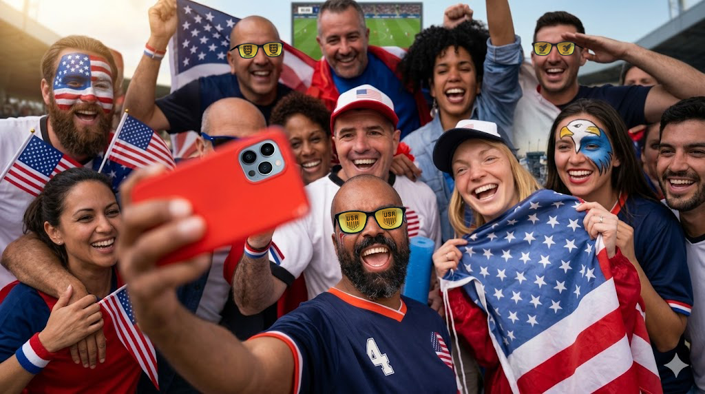 Group of people celebrating with American flags and taking a selfie.