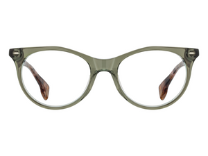 Frame of Choice Melrose cat-eye eyeglass frames with translucent wisteria and smoke front and patterned PBJ temples, front view on white background