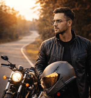 Man holding a helmet next to a motorcycle on a scenic road wearing Maskoptix Glasses