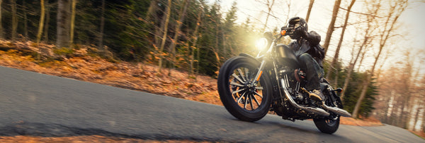 Motorcyclist riding on a road with trees in the background