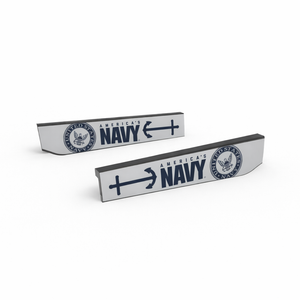 Two 'America's Navy' branded Allegiant eyewear blades on a white background
