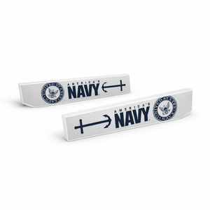 Two 'America's Navy' blades with navy blue and white design on a white background
