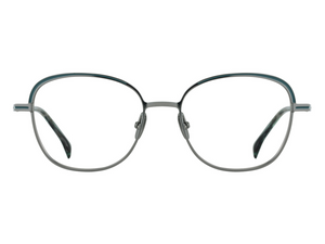 Frame of Choice Paulina round metal eyeglass frames in graphite teal, front view on white background