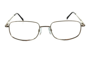 Frame of Choice Pinnacle rectangular metal eyeglass frames in light gold tone, front view on white background