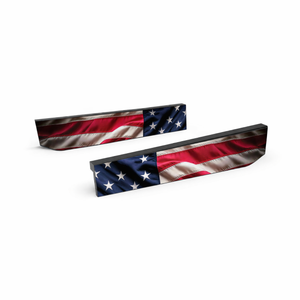 Two American flag-themed car window shades on a white background