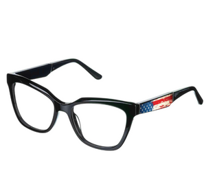 Black eyeglasses with American flag blade design on a white background