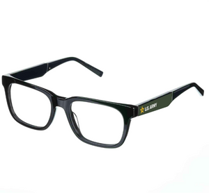 Black eyeglasses with U.S. Army logo on a white background
