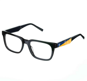 Black eyeglasses with a U.S. Navy logo on a white background