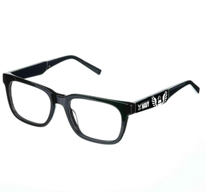Black eyeglasses with a navy logo on a white background