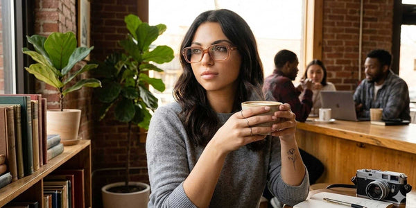 Woman holding a coffee cup in a coffee shop wearing BCG Eyeglasses