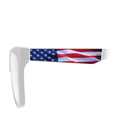 Eyeglasses with a logo on a white background