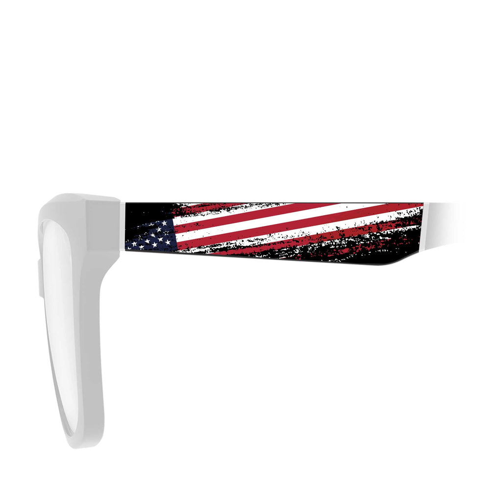Eyeglasses with a logo on a white background