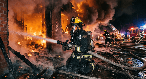 Firefighter extinguishing a fire with flames and smoke in the background