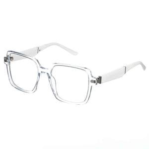 Clear eyeglasses with silver accents on a white background