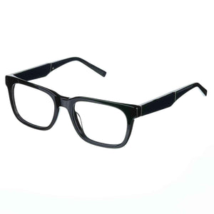 Black eyeglasses with a brand logo on a white background