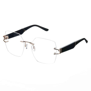 Pair of rimless eyeglasses with black and gold frame on a white background