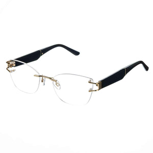 Pair of rimless eyeglasses with gold and black frame on a white background