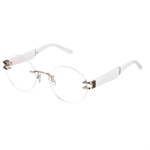 Round rimless eyeglasses with white frame on a white background