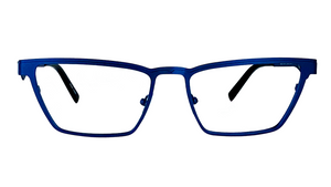 Frame of Choice rectangular eyeglass frames in royal blue with USA flag temple design, front view on white background